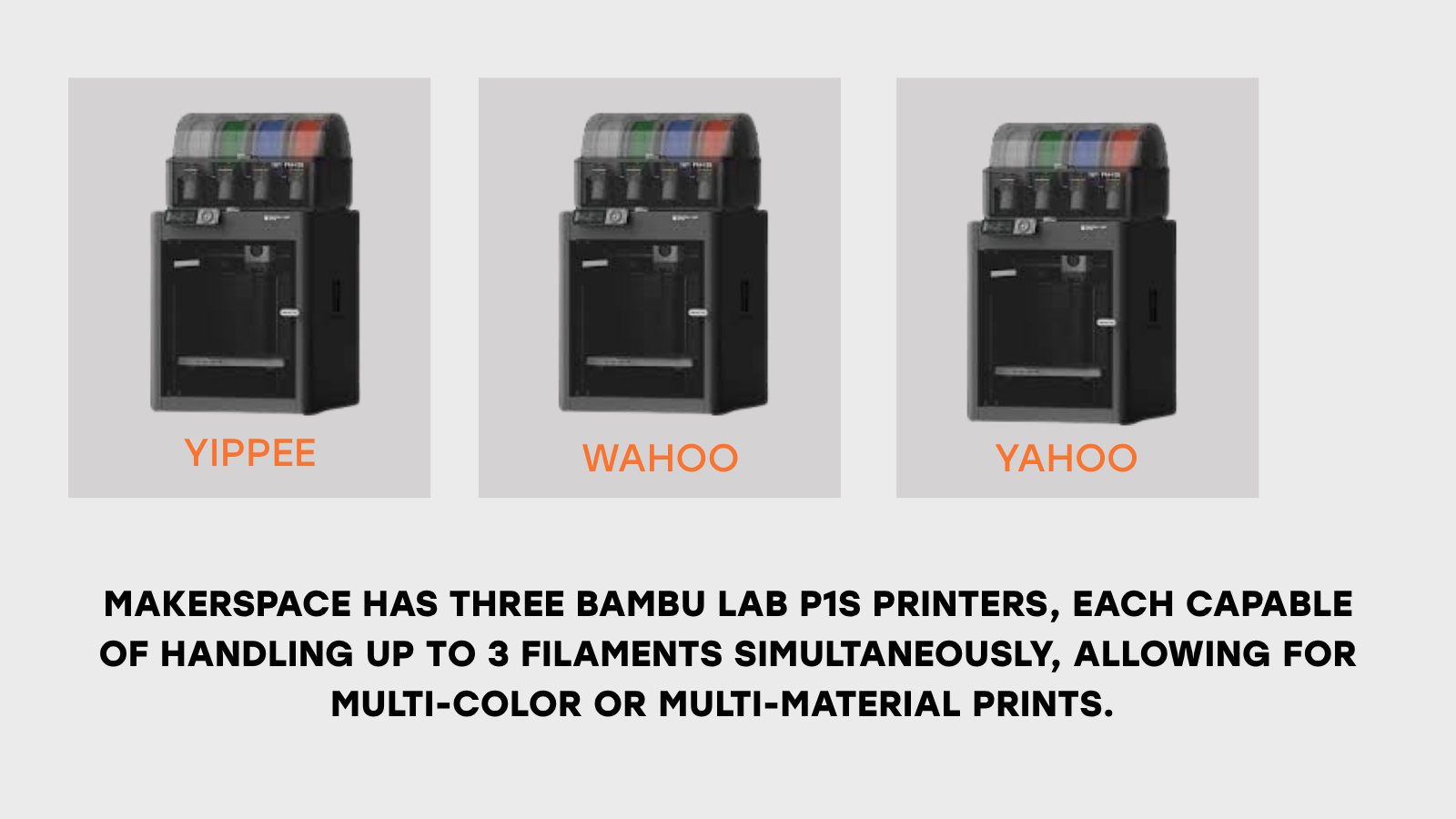 Row of Bambu Lab P1S 3D printers in the MakerSpace printer farm