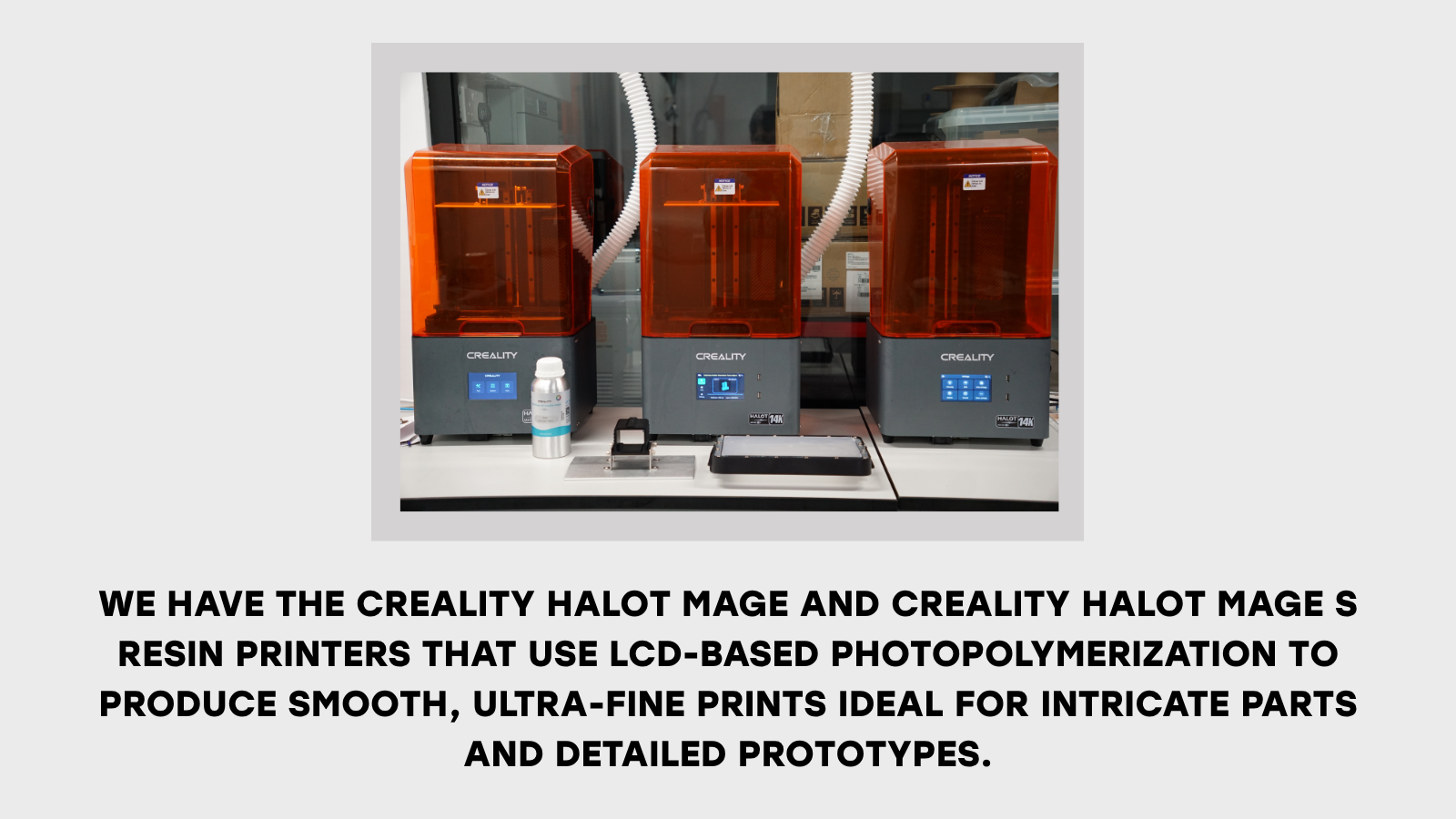 Resin 3D printers on a bench at the ECE MakerSpace