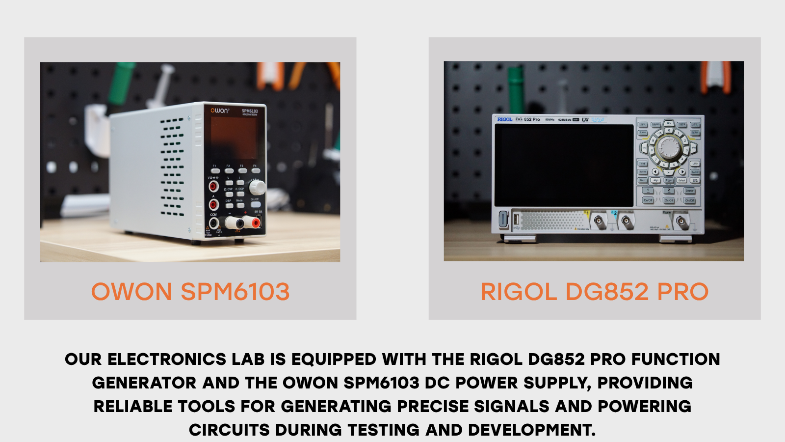 Signal generators and DC power supplies on the test bench