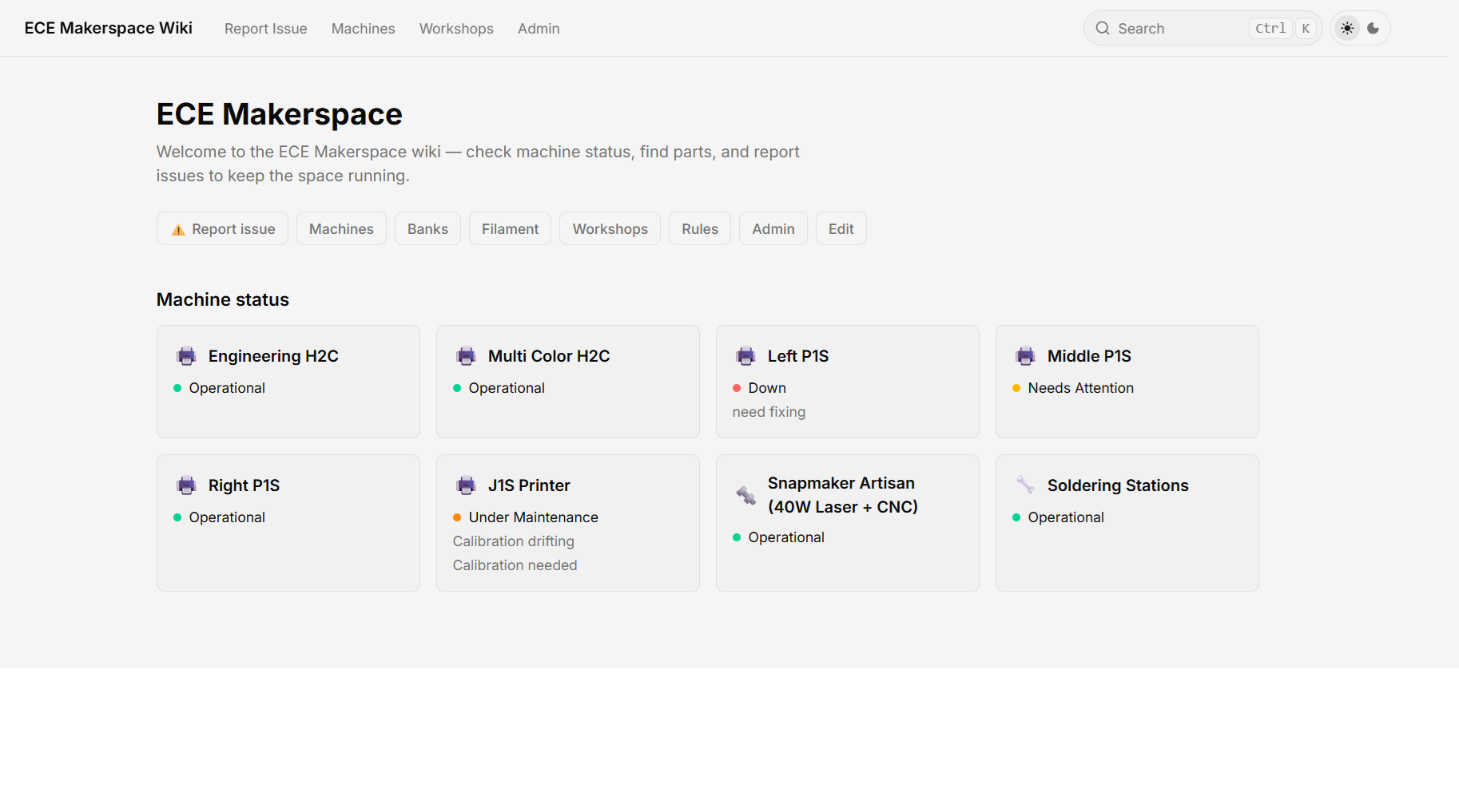 Screenshot of the MakerWIKI homepage showing live machine status